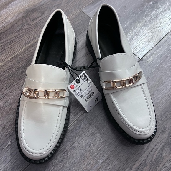 ⚪️ NWT ZARA LOAFERS LOW HEEL AND ROSE GOLD CHAIN 39 CHUNKY LOAFERS - Picture 4 of 7